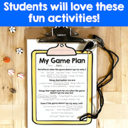 Game plan worksheet on a clipboard with educational materials on a wooden surface