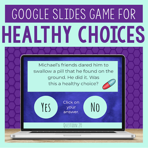 Google Slides game for healthy choices displayed on a laptop screen with a purple and teal background.