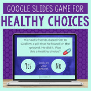 Google Slides game for healthy choices displayed on a laptop screen with a purple and teal background.