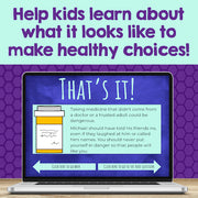 Educational content on a laptop screen with a purple background and text about making healthy choices.