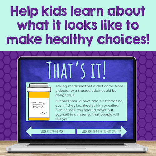 Educational content on a laptop screen with a purple background and text about making healthy choices.