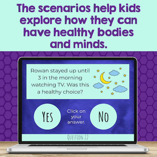 Educational laptop screen with a health-related question on a purple background