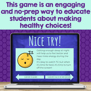 Laptop screen displaying a educational game about healthy sleep habits with a purple background.