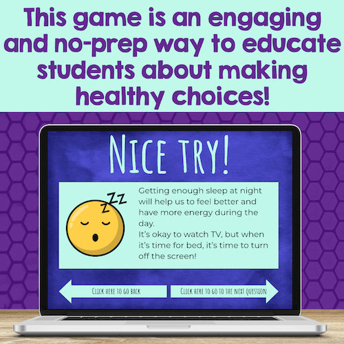 Laptop screen displaying a educational game about healthy sleep habits with a purple background.