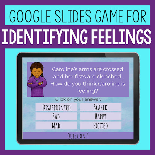 Google Slides game for identifying feelings with a tablet displaying a question about Caroline's emotions.
