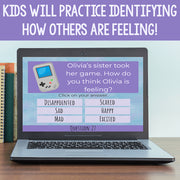 Laptop displaying a digital game on a screen with a question about how Olivia is feeling.