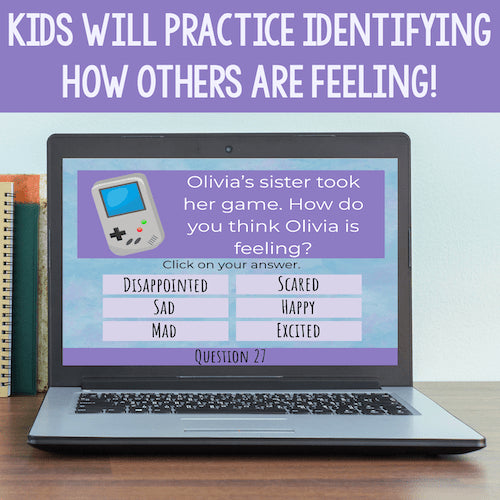 Laptop displaying a digital game on a screen with a question about how Olivia is feeling.