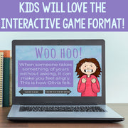 Laptop displaying an educational game for kids with a character and text on the screen.