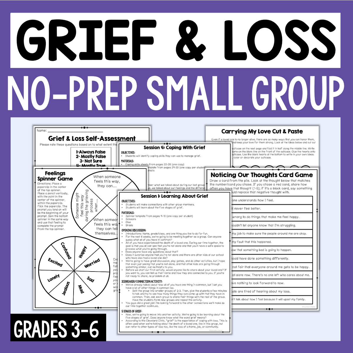 Promotional graphic for a grief and loss educational resource titled 'GRIEF & LOSS NO-PREP SMALL GROUP' with sample worksheet pages shown on a light background and a purple border.