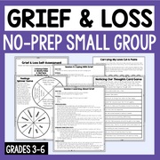 Promotional graphic for a grief and loss educational resource titled 'GRIEF & LOSS NO-PREP SMALL GROUP' with sample worksheet pages shown on a light background and a purple border.
