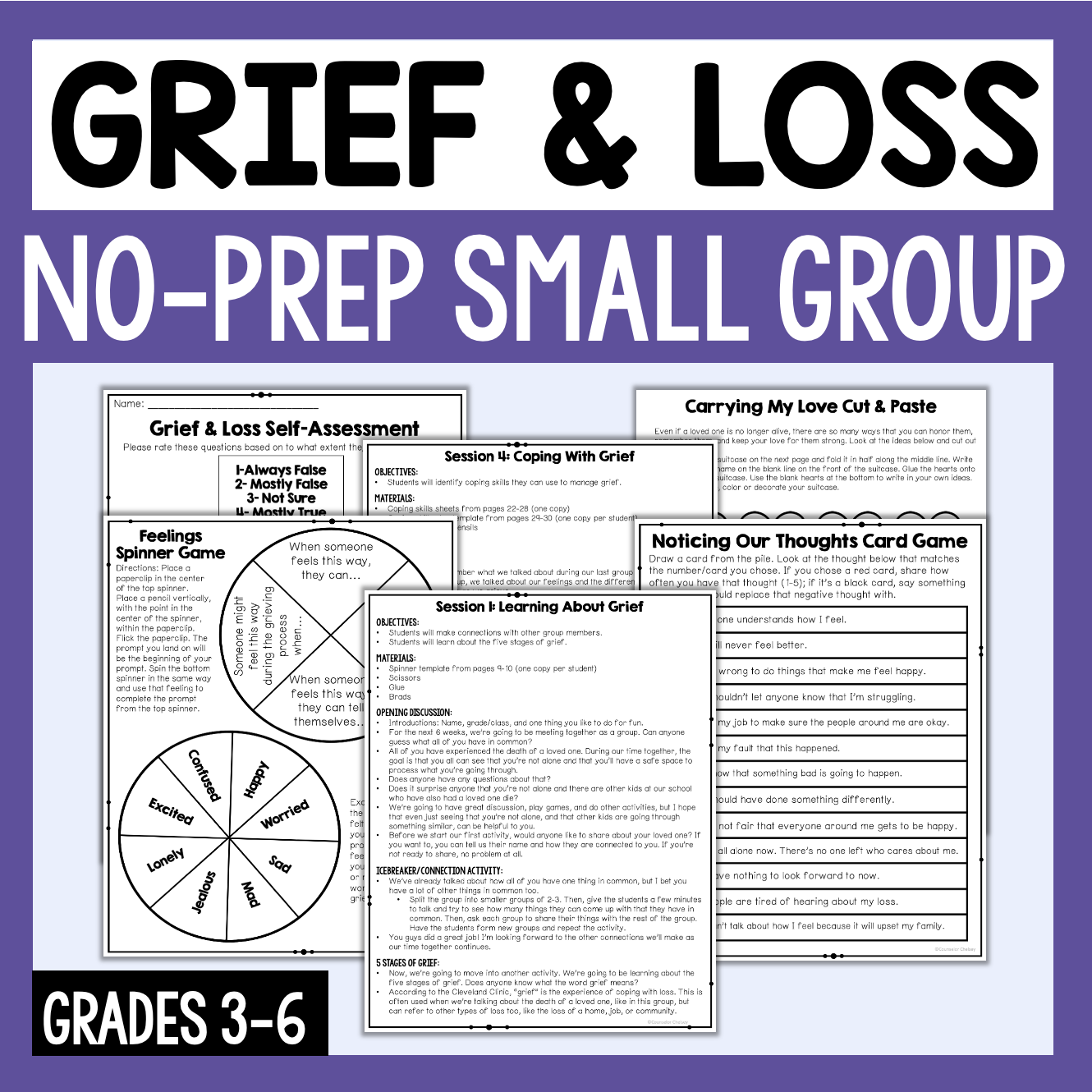 Promotional graphic for a grief and loss educational resource titled 'GRIEF & LOSS NO-PREP SMALL GROUP' with sample worksheet pages shown on a light background and a purple border.