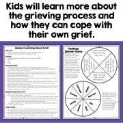 An educational worksheet page titled 'Kids will learn more about the grieving process and how they can cope with their own grief.' The page has a large black headline, a left-side text box about learning about grief, and a right-side circular 'Feelings Spinner Game' diagram.