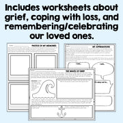 Pages from a workbook on grief, coping with loss, and remembering loved ones.
