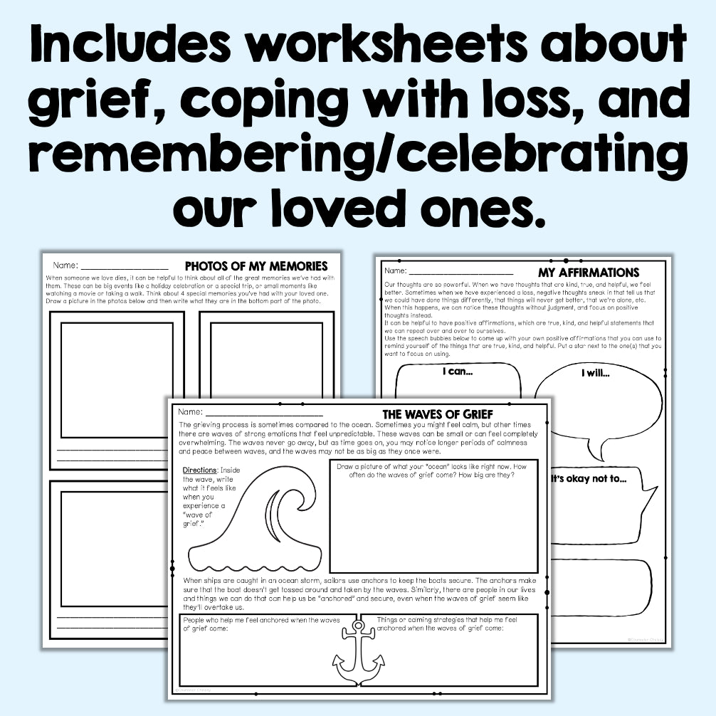 Pages from a workbook on grief, coping with loss, and remembering loved ones.