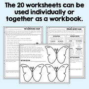 Educational worksheets with butterfly illustrations on a white background