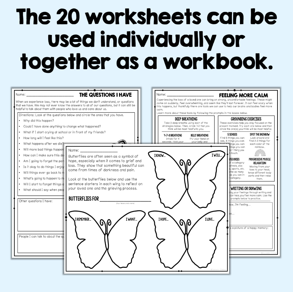 Educational worksheets with butterfly illustrations on a white background