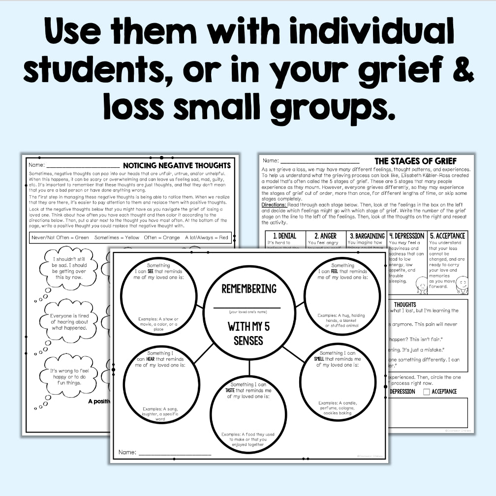 Educational materials on grief and loss with worksheets and diagrams.