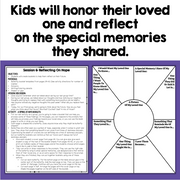 A digital preview of a children's reflection worksheet set titled 'Kids will honor their loved one and reflect on the special memories they shared.' The graphic shows a large black headline at the top, two worksheet panels below on a white background, and a small orange circular badge on the left panel.