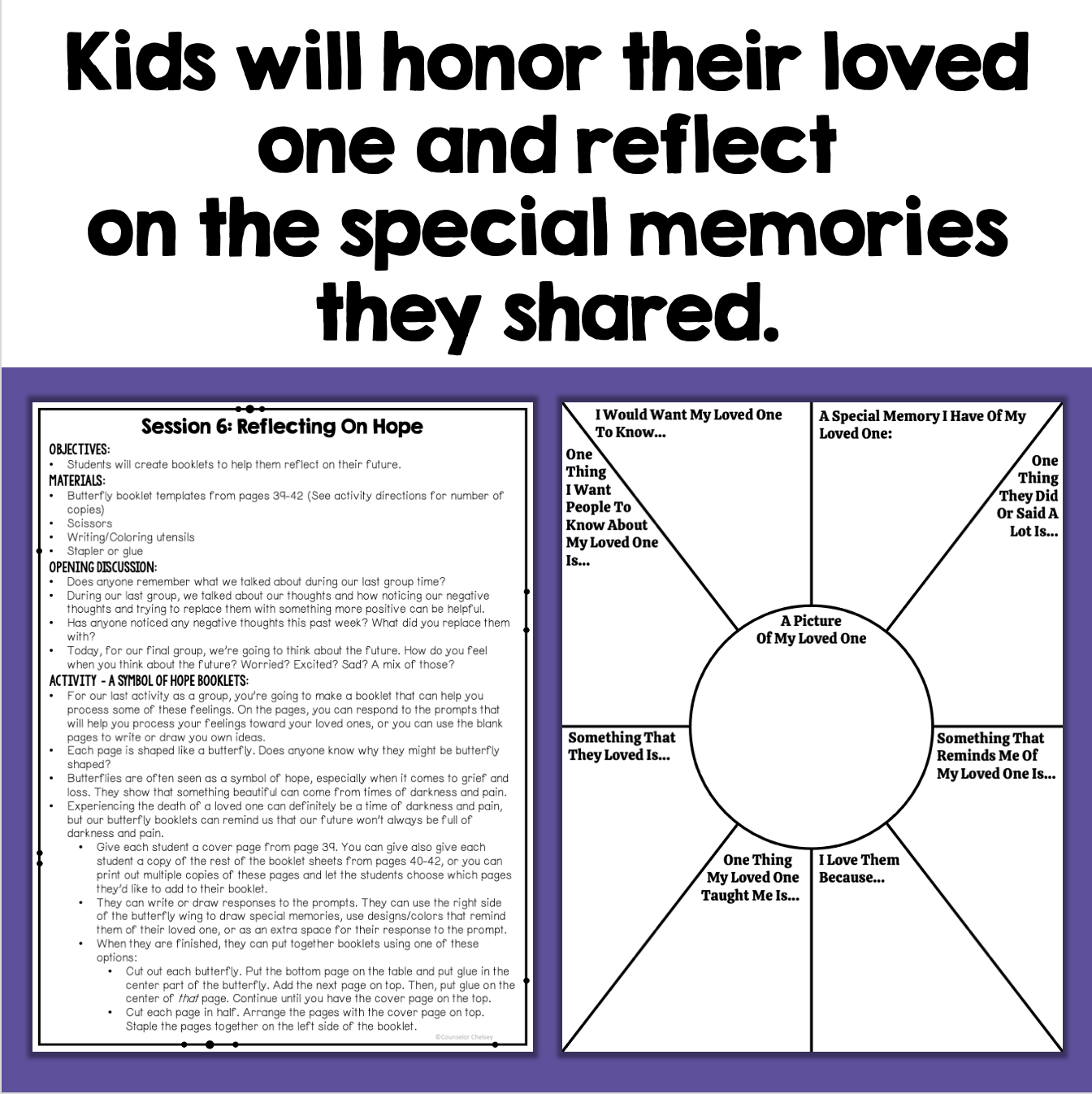A digital preview of a children's reflection worksheet set titled 'Kids will honor their loved one and reflect on the special memories they shared.' The graphic shows a large black headline at the top, two worksheet panels below on a white background, and a small orange circular badge on the left panel.