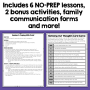 A promotional graphic for a no-prep lesson bundle, featuring bold black headline text at the top and two sample worksheet panels below on a white background. The left panel is titled 'Session 4: Coping With Grief' and the right panel is titled 'Noticing Our Thoughts Card Game'.
