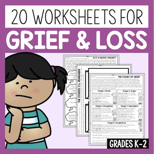 Cover of a workbook titled '20 Worksheets for Grief & Loss' with a cartoon girl and worksheets on a purple background.
