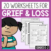 Cover of a workbook titled '20 Worksheets for Grief & Loss' with a cartoon girl and worksheets on a purple background.