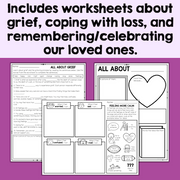 Educational worksheets about grief, coping with loss, and remembering/celebrating loved ones on a purple background.