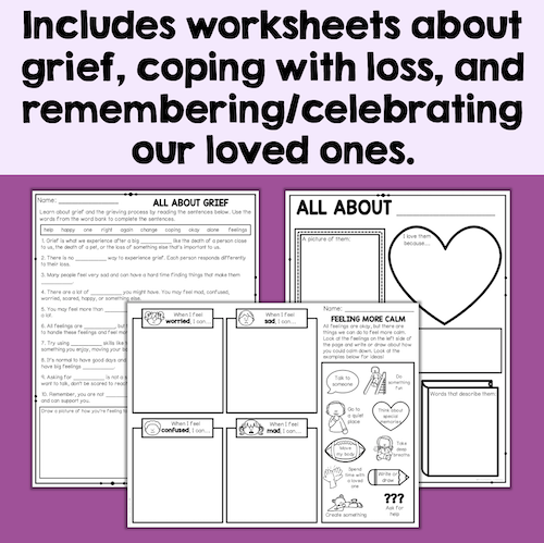 Educational worksheets about grief, coping with loss, and remembering/celebrating loved ones on a purple background.