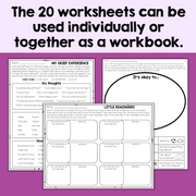 Two worksheets on a purple background with text about using them individually or together.