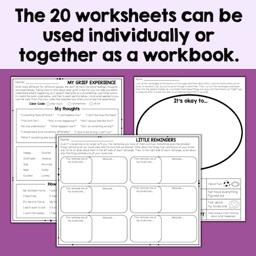 Two worksheets on a purple background with text about using them individually or together.