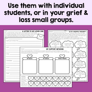 Educational materials for grief and loss support on a purple background