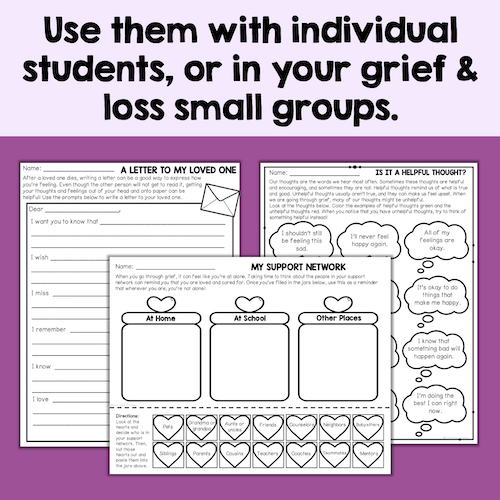 Educational materials for grief and loss support on a purple background