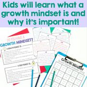 Educational materials on growth mindset with text overlay on a white background