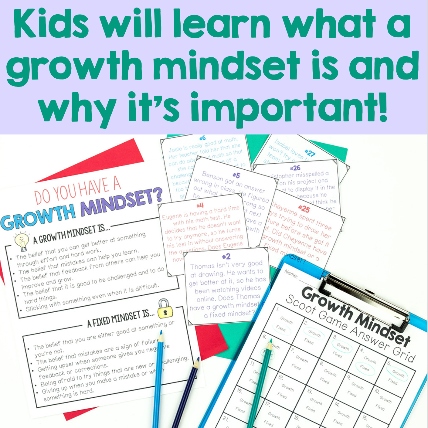 Educational materials on growth mindset with text overlay on a white background