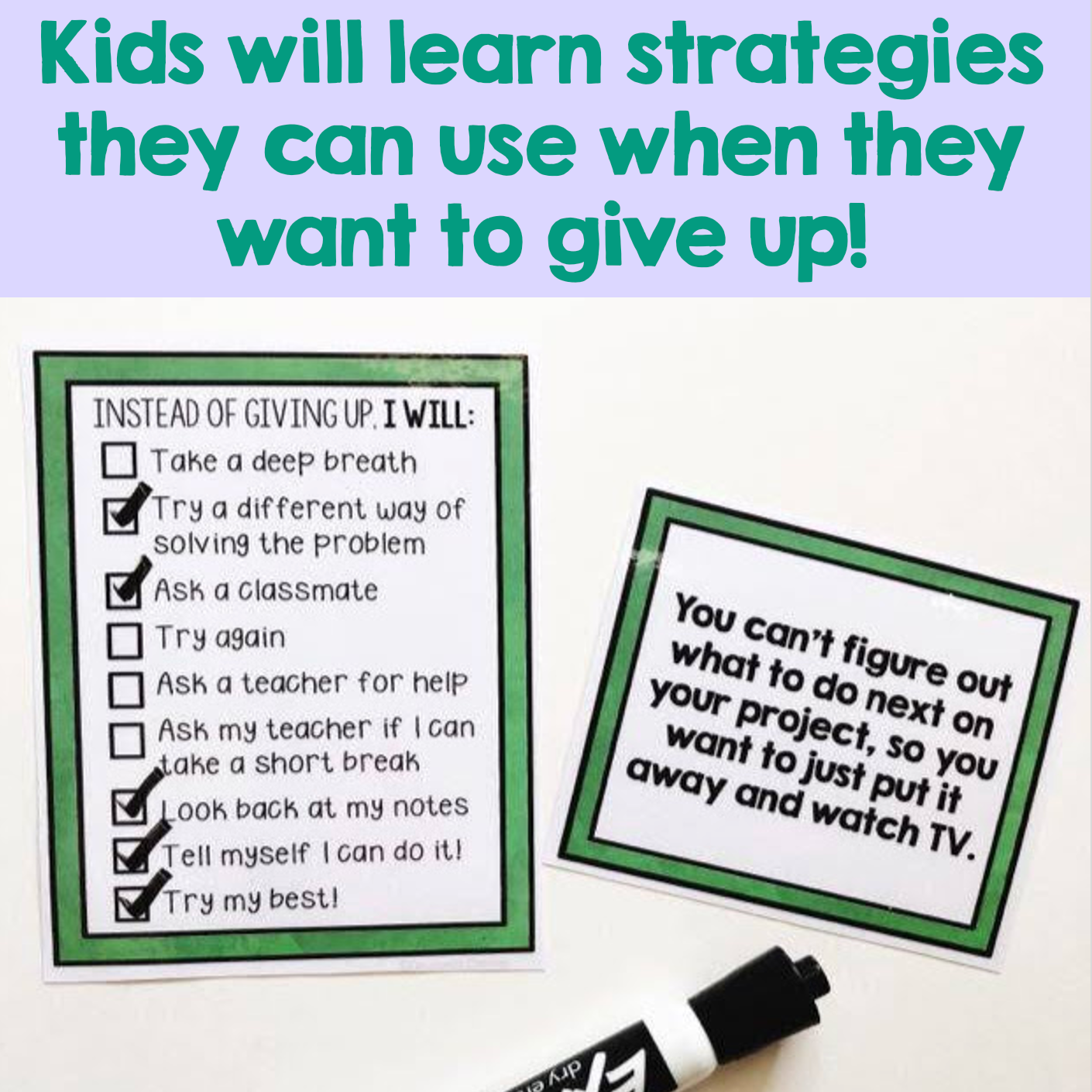 Educational posters with strategies to avoid giving up, on a white background.