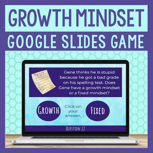 Growth Mindset Google Slides Game on a laptop screen with a question about Gene's mindset.