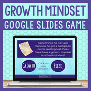 Growth Mindset Google Slides Game on a laptop screen with a question about Gene's mindset.