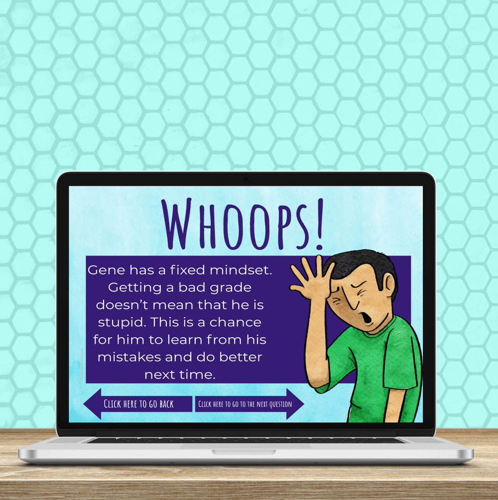 Laptop screen displaying an educational graphic about fixed mindset with a child character on a teal honeycomb patterned background.