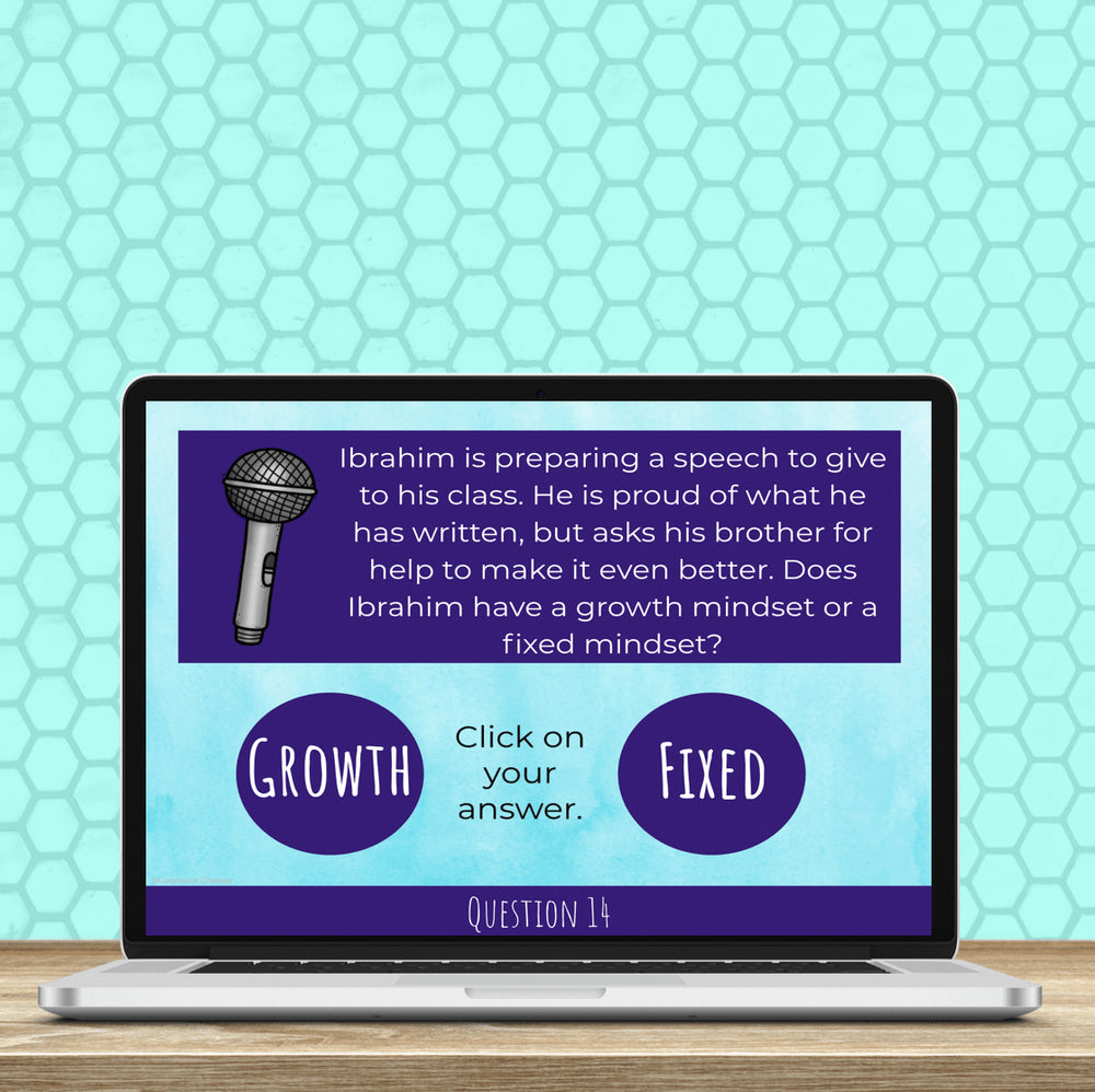 Laptop screen displaying a question about growth mindset on a teal honeycomb patterned background