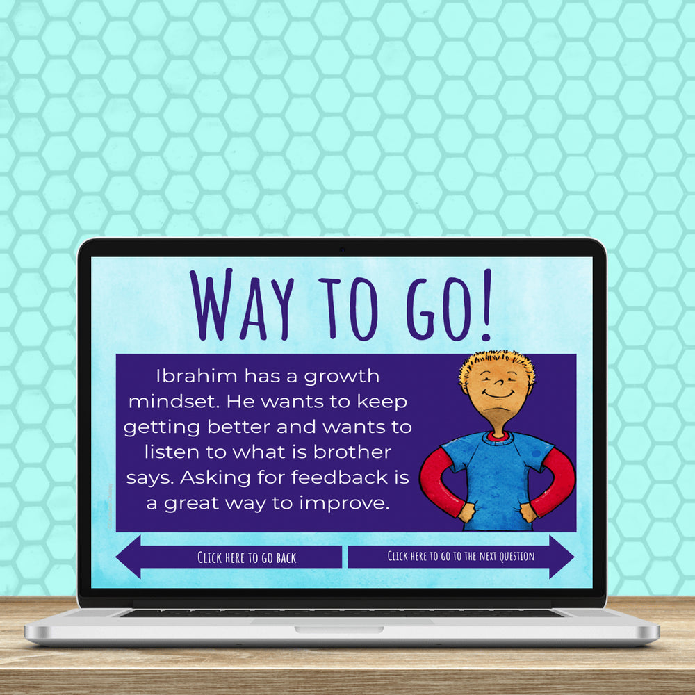 Laptop screen displaying a growth mindset educational program with a child character on a teal honeycomb patterned background.