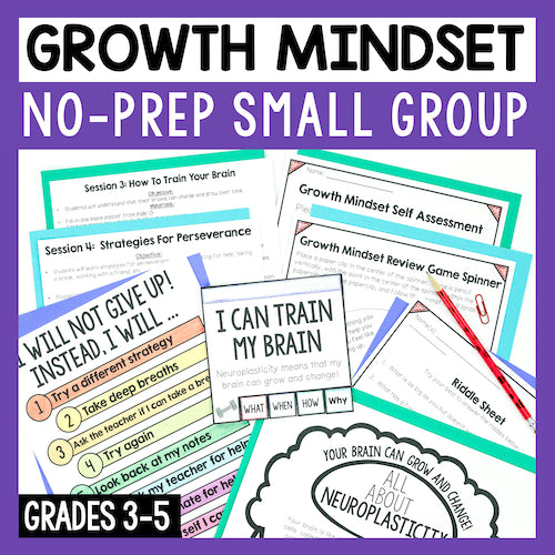 Growth Mindset no-prep small group materials with colorful worksheets and text on a purple background.
