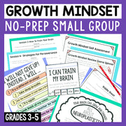 Growth Mindset no-prep small group materials with colorful worksheets and text on a purple background.