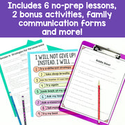 Educational materials with text about no-prep lessons and bonus activities on a purple background