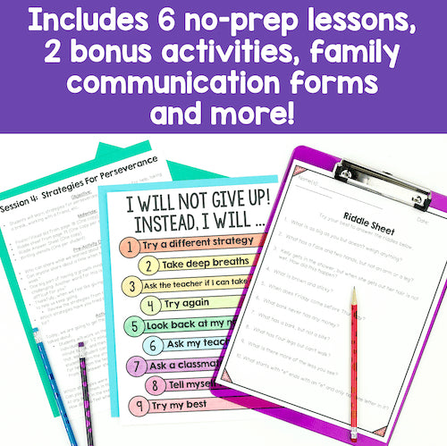 Educational materials with text about no-prep lessons and bonus activities on a purple background