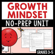 Growth Mindset no-prep unit cover with a red character holding a pencil and worksheets, Grades 3-5 text.