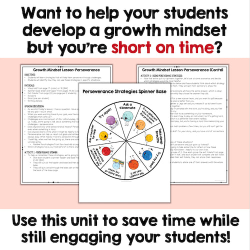 Educational materials for developing a growth mindset with text on a pink background