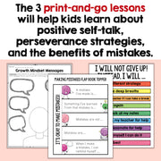 Educational materials for teaching positive self-talk and growth mindset on a pink background