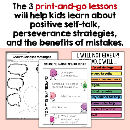 Educational materials for teaching positive self-talk and growth mindset on a pink background