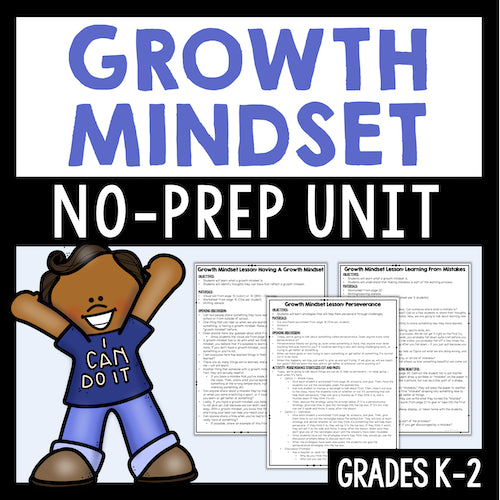 Growth Mindset no-prep unit with a cartoon character and lesson plans on a white background