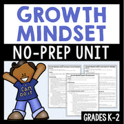 Growth Mindset no-prep unit with a cartoon character and lesson plans on a white background